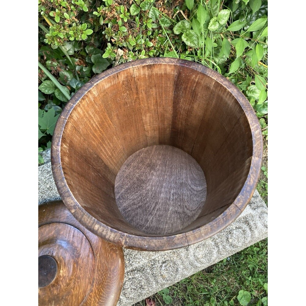 Vintage Farmhouse Wooden Firkin Barrel Ice Bucket w/ Brass Band & Bowl Liner - Picture 3 of 9